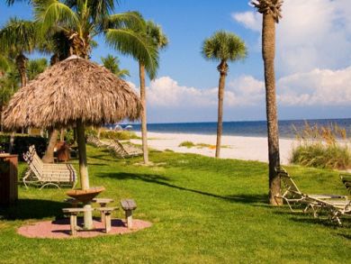Tiki hut & sun loungers at beach